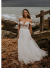 Off Shoulder Ivory Glitter Lace Tulle Flowing Wedding Dress